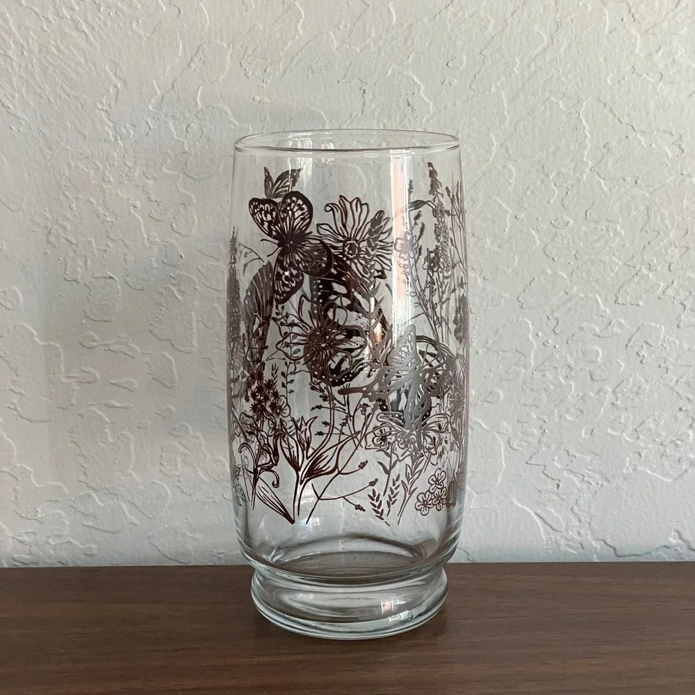 Vintage Butterfly Glassware Set (4) 70s 60s Brown Glasses Floral‎